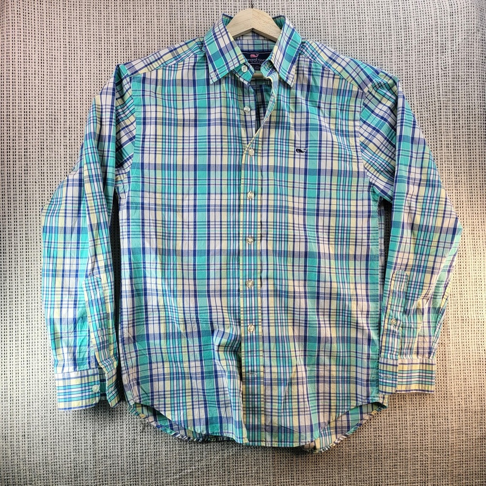 Vineyard Vines Shirt Mens Small‎ Blue Green Plaid Whale Shirt Button Down Cotton